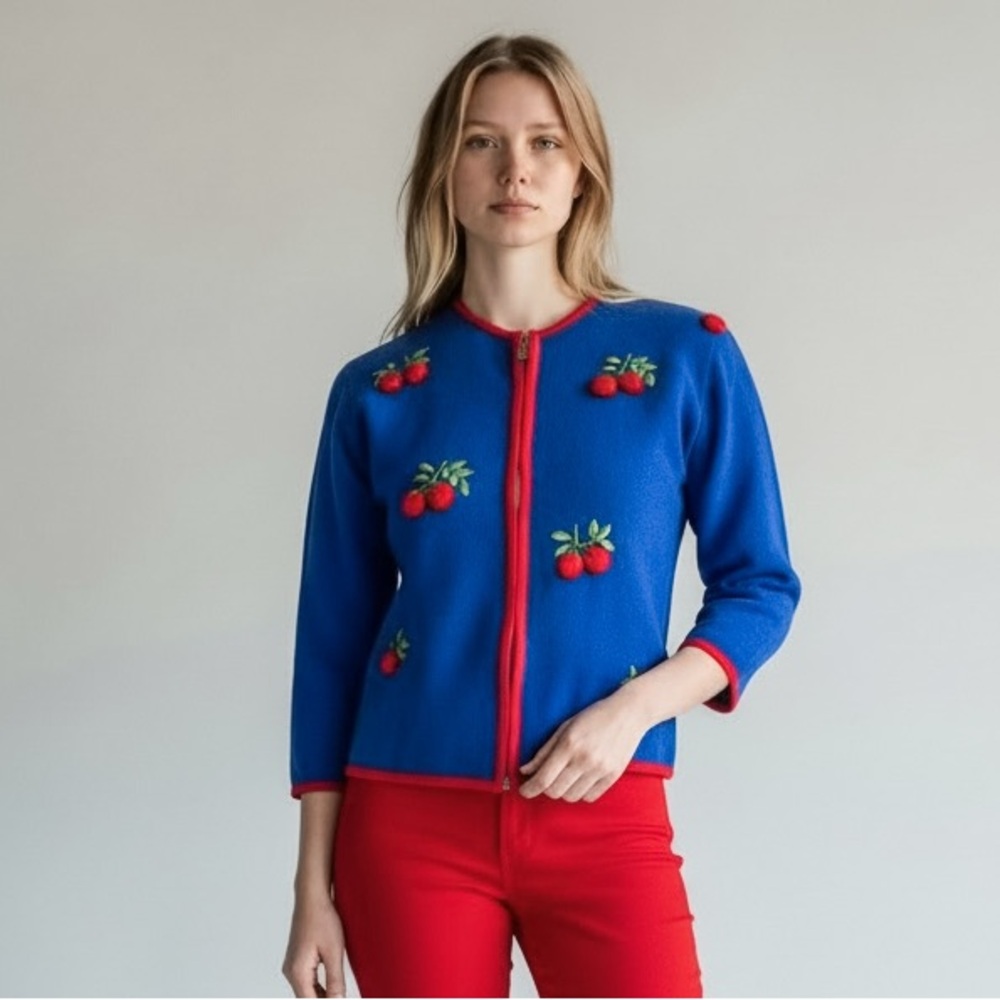 Vintage Handmade Cobalt Blue Embroidered Cherry Cardigan with Red Trim